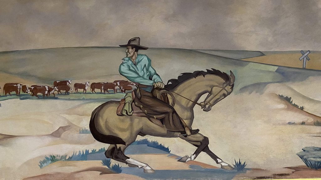 Detail of cowboy and horse from "The History or Ranching" mural by Buck Winn